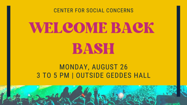 Yellow background and image of crowd cheering with Welcome Back Bash text